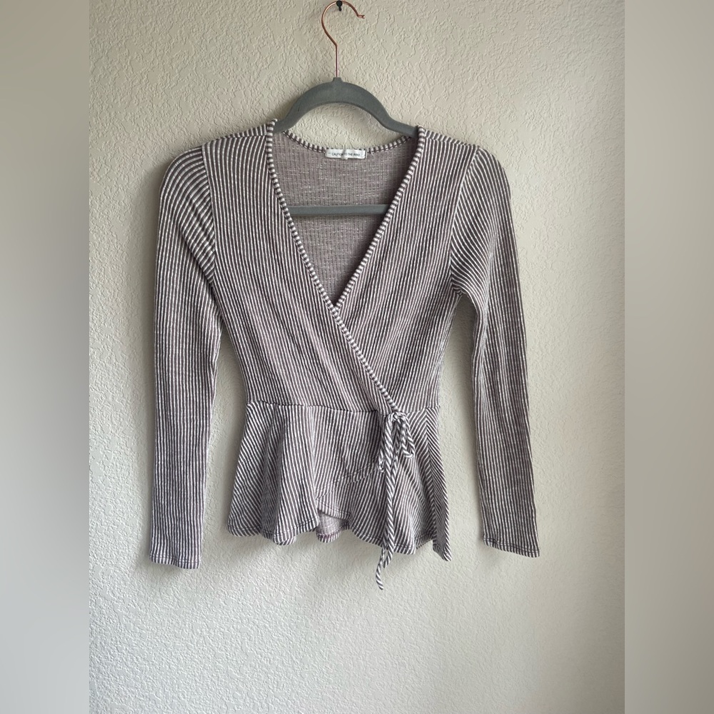Women’s Long Sleeve Surplice V-Neck Pinstripe Top